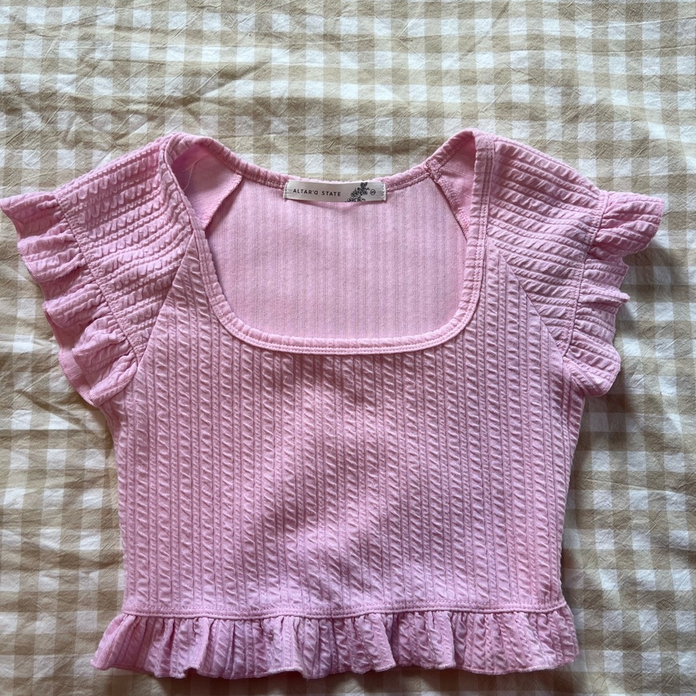 Altar'd State Pink Ribbed Ruffle Crop Top